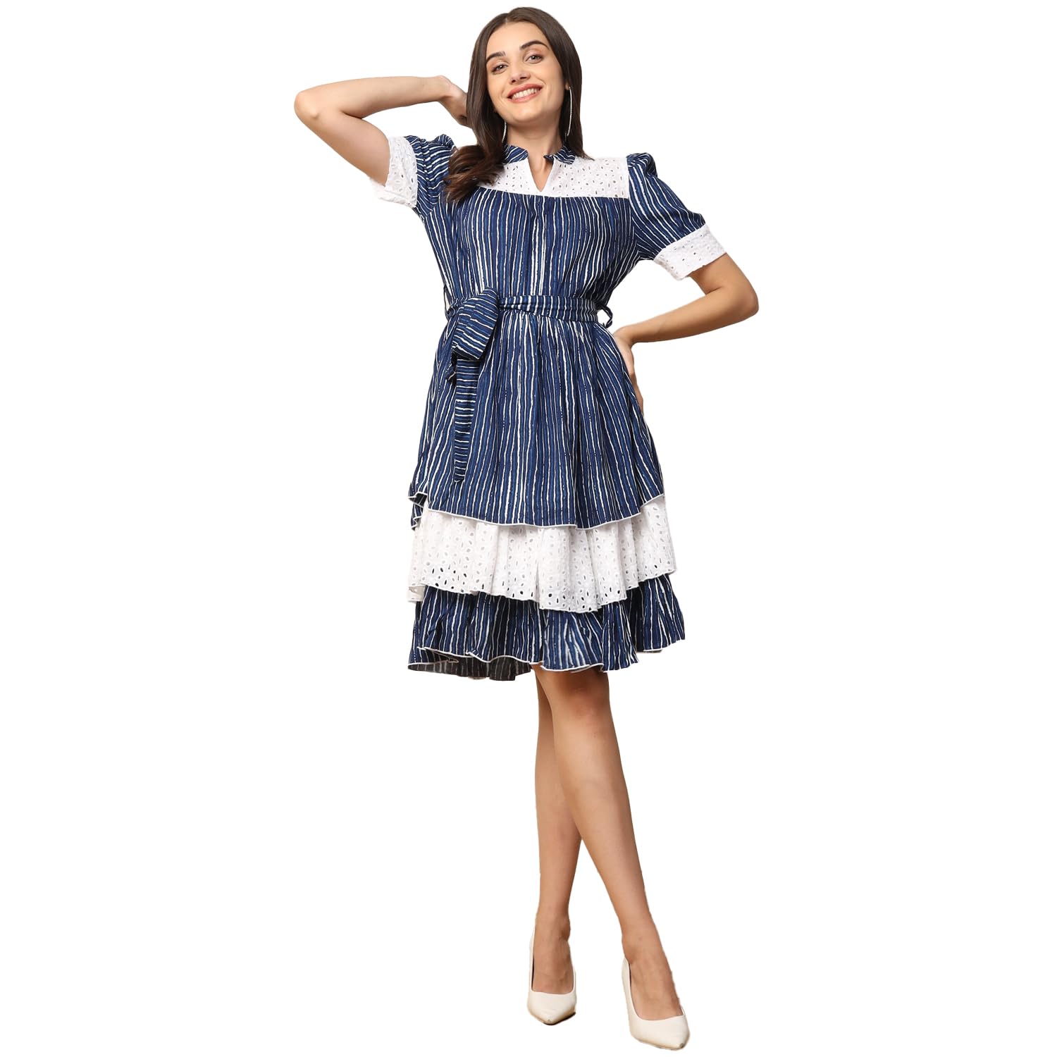 Women's Striped Rayon Fit and Flare Midi Dress for Woman Festive Fancy|Casual Trending Stylish Long One Piece Dresses Women Western Short Sleeve (Navy Blue)-image-32