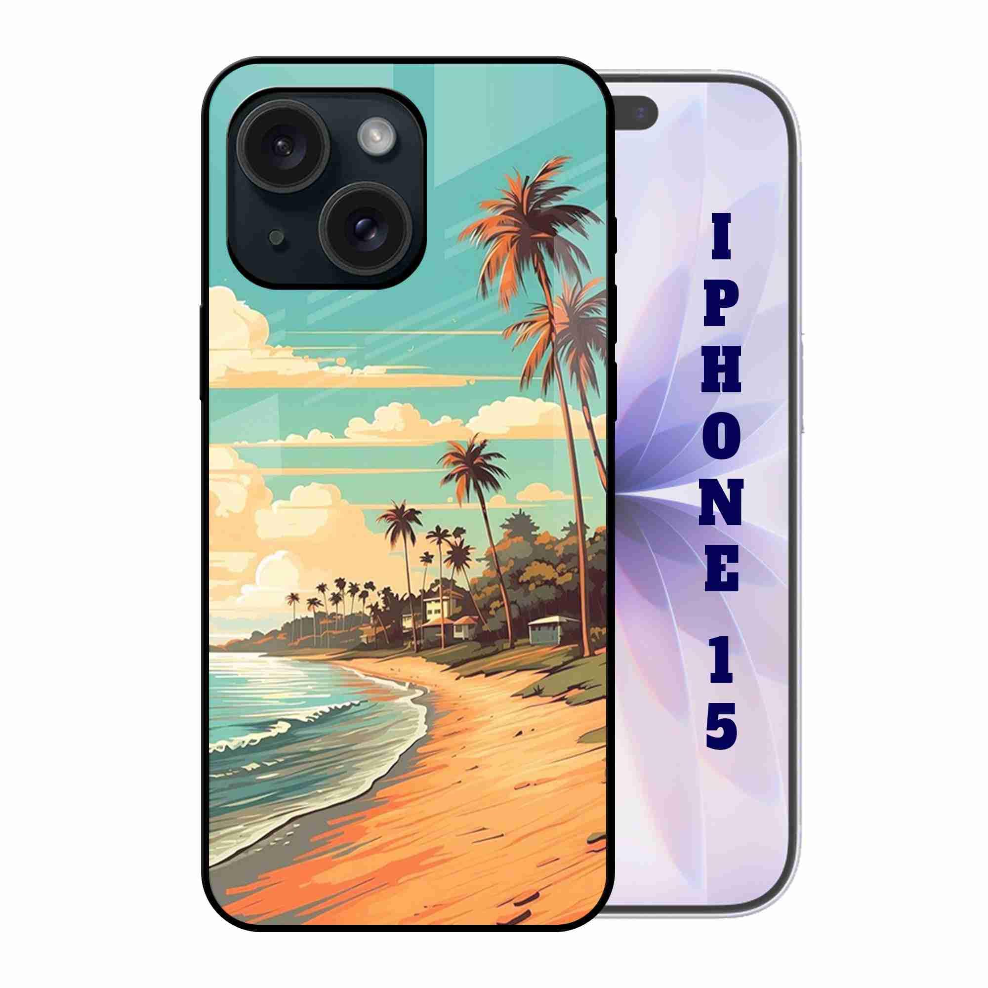 Abaci® Back Case Cover for iPhone 15 | Stylish Happy Beach | Printed Glass, Glossy Slim Lightweight, Wireless Charging, Drop Protection