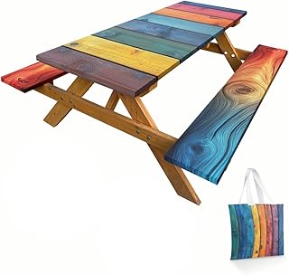 Wood Grain Picnic Table Cover with Bench Covers and Carrying Bag, Rustic Vintage Colorful Rainbow Stripes Rectangle Table Cover, Outdoor Patio Camping Essentials 6FT 4PCS, Camping Fitted Tablecloth