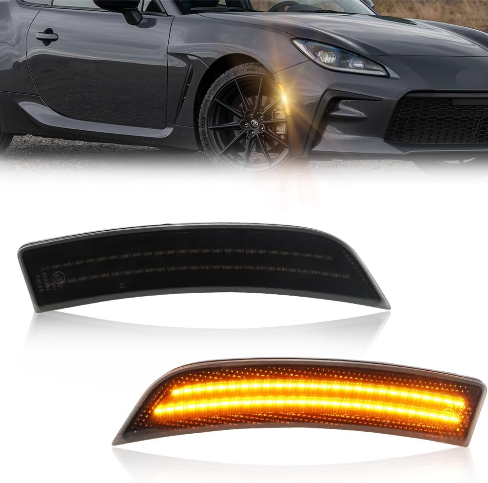 LED Front Side Marker Lights Assembly for Suba-ru 2022-2025 BRZ, Toyo-ta 2022-2025 GR86 Front Bumper Marker Signal Lamps, Replace OEM Smoked Lens Amber LED Side Turn Signal Lamps, 2 PCS