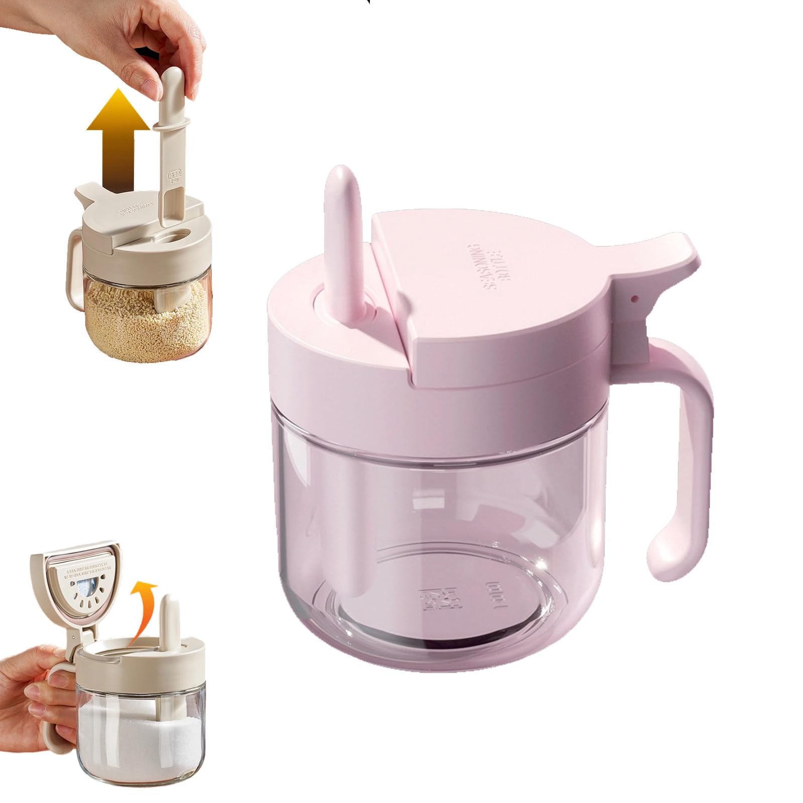 LLELEMAMO Portable Spice Jar with Spoon Holder, Leakproof Airtight Seasoning Box, Transparent Body Condiment Jar, Freshness Preservation, Salt Sugar for Camping Home Pantry (Purple)