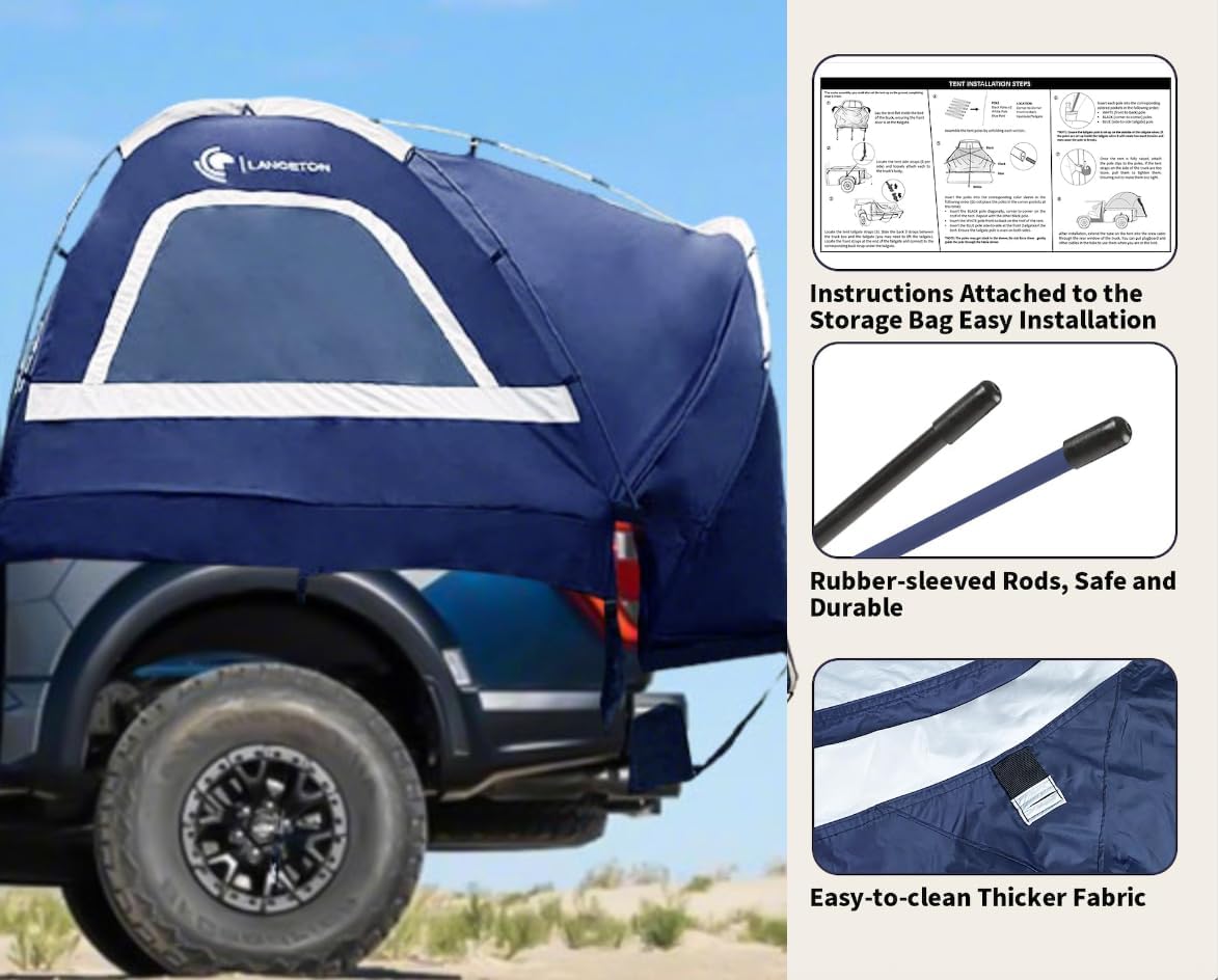 Pickup Truck Tent, Fit 5.5-6, 6.5ft Truck Bed, Waterproof PU3000 high Density Polyester Oxford, Windproof Pole and Insect-Prevention Double Layer Mesh Window & Door, Unique Rear Window Pipe