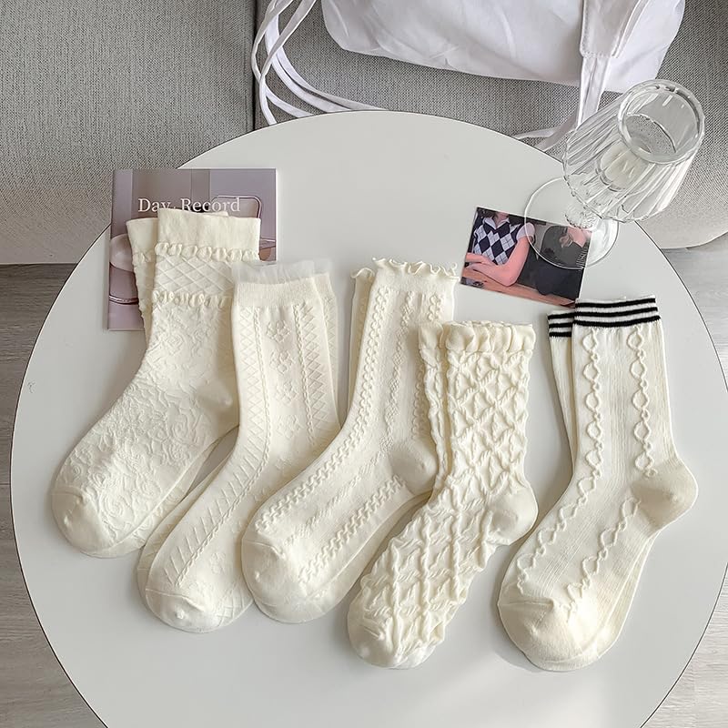 Image of Kelabia 5 Pair Cute Ankle Socks for Women - Coquette Cottagecore Ruffle Frilly Floral Knit Socks - Japanese Crew Causal Y2K