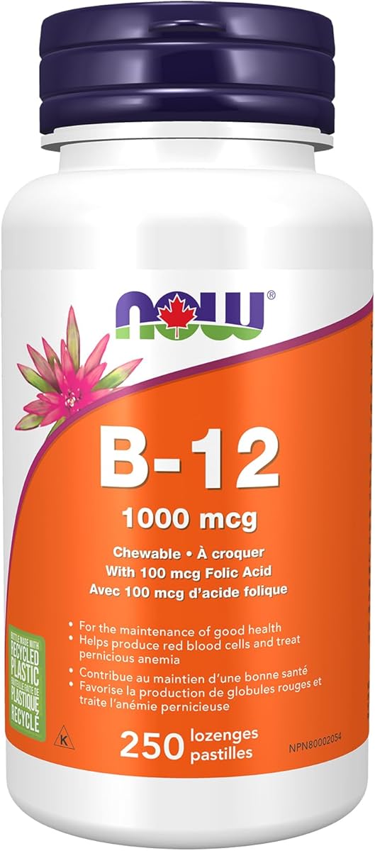 NOW Supplements, Vitamin B-12 1,000 mcg with Folic Acid, Nervous System Health, 250 Chewable Lozenges