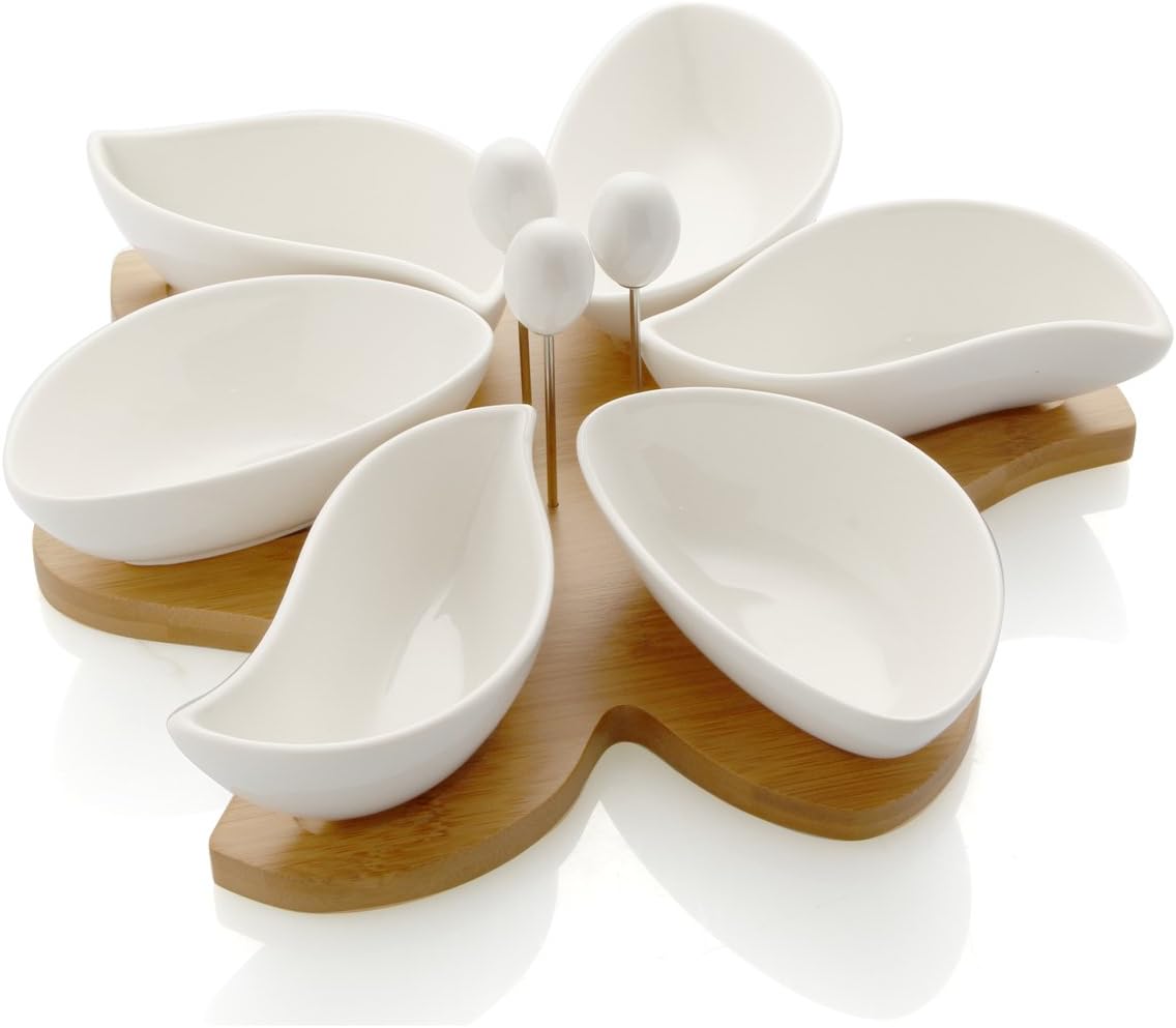Brandani 55754 Sunlight White Porcelain Horsd' Oeuvre Dish with Bamboo, Multicolor