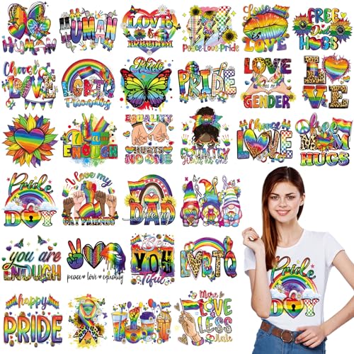 Panelee 30 Pcs Pride Day Iron on Transfers Pride Flag Heart Transfers Rainbow Iron on Decals LGBTQ Patches Appliques Iron on Stickers Cute Vinyl Decals for Clothes Bag Pillow Covers