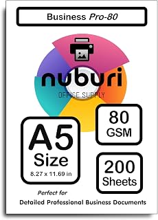 Nuburi - A5 Size Premium Printer Paper - Blank Sheets - No Holes - Smooth Bright White - 80 gsm / 21 lb. (200 Sheets)