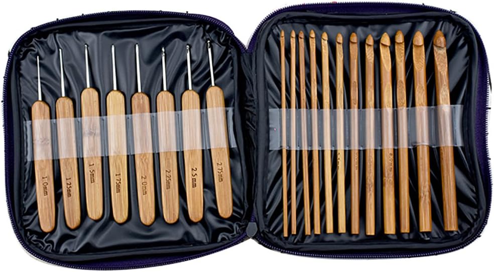 LissomPlume 20pcs Bamboo Crochet Hook Kit - Handle Knitting Needle with Case