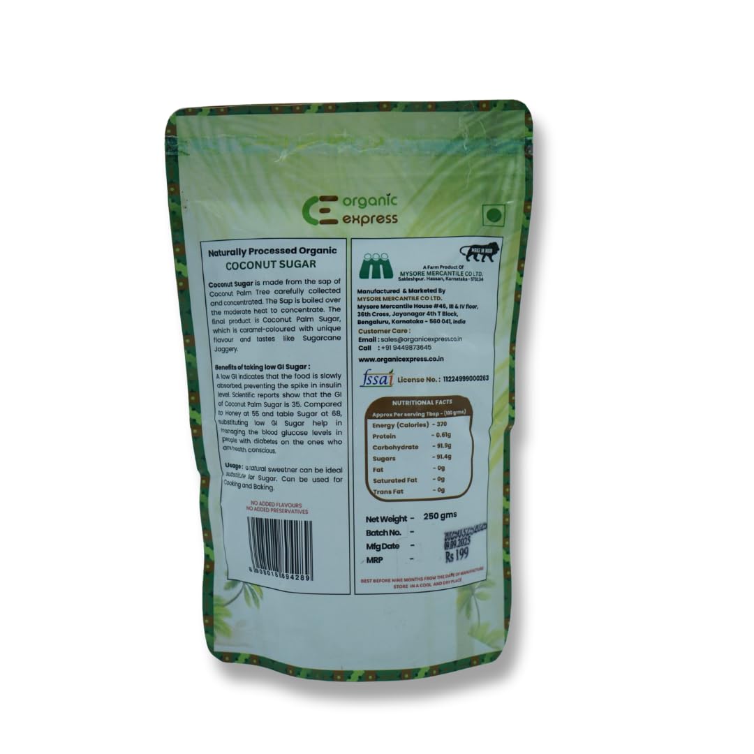 Organic Express Coconut Sugar Organic | 250 gram | Natural Sweatner | Recommended for Health concious and diebetic patient | Natural, Unrefined, Chemical free sugar 1