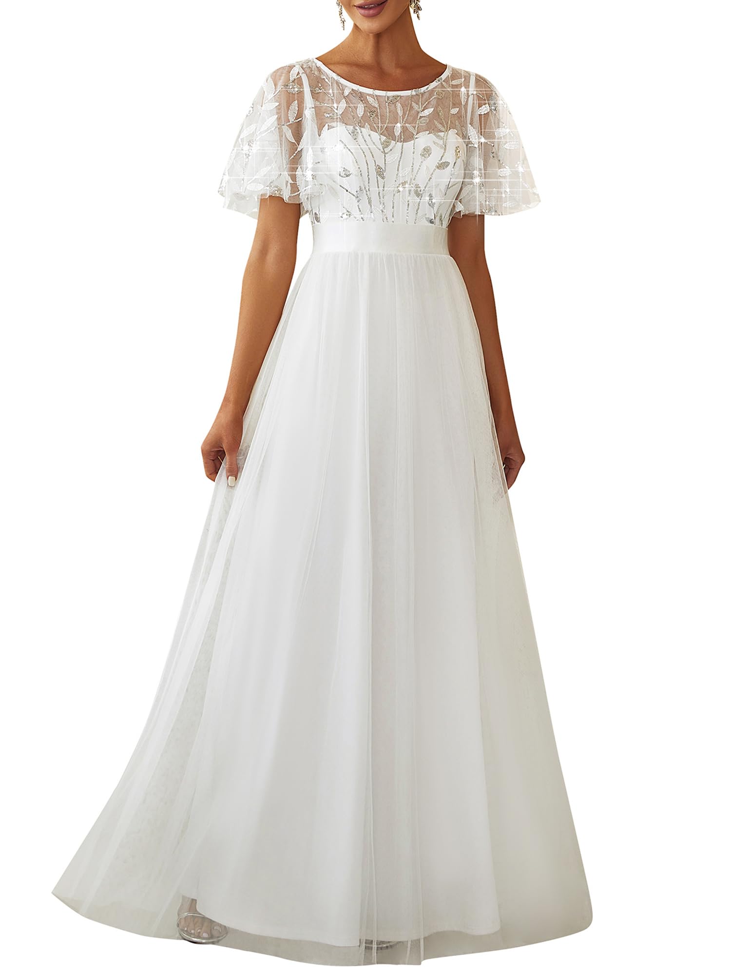 Ever-Pretty Abiti da Cerimonia Stile Impero Maniche Corte Linea ad A Elegante Scollo a Rotondo Donna Tulle 00904