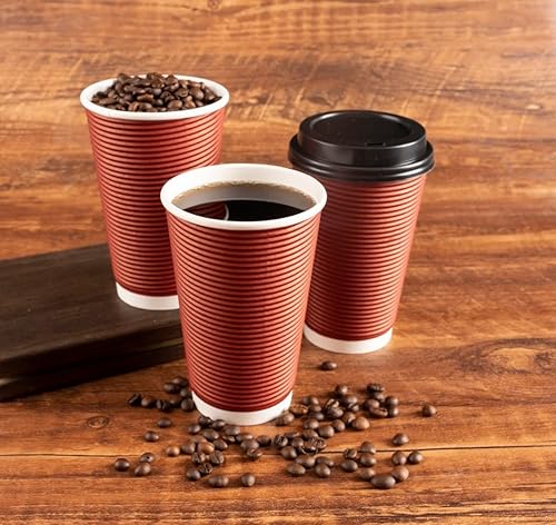 Miniatura 3 de 50 juegos de tazas de café caliente aisladas de 12 onzas con tapas, papel desechable de fácil agarre ondulado burdeos para llevar