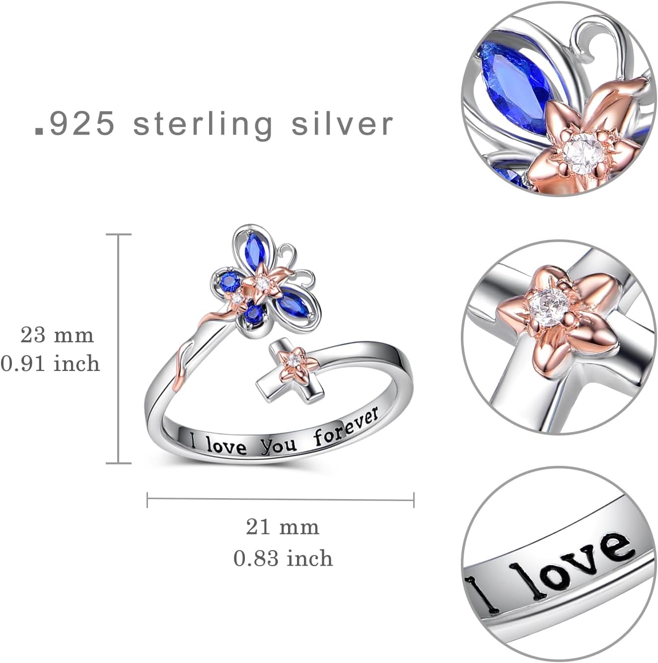 Butterfly Ring 925 Sterling Silver Butterfly Adjustable Open Ring Crystal Cross Rings for Women September Birthstone Butterfly Jewelry Gifts for Wife - Image 6