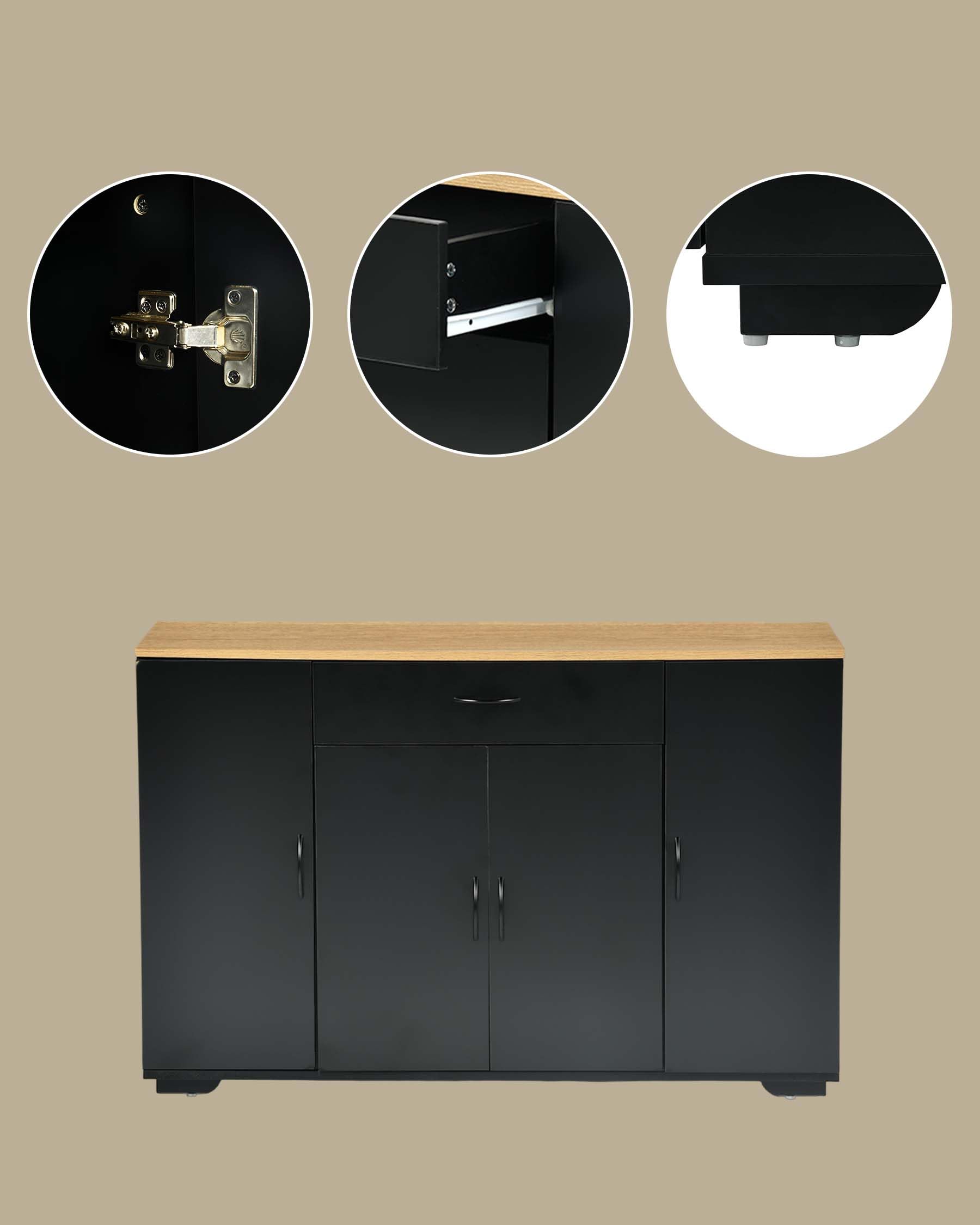 Küchenschrank mit Arbeitsplatte Schwarz Küchenkommode 110 x 30 x 70 cm mit Schublade und 4 Türen Küchenunterschrank schmal freistehend Sideboard Stauraum Küche Esszimmer