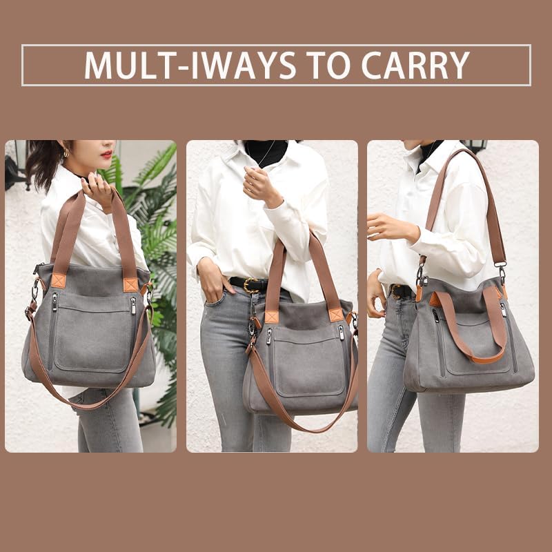 Canvas Tote Purse for Women Work Shoulder Crossbody Bag Vintage Multi-pocket Handbags - Image 8