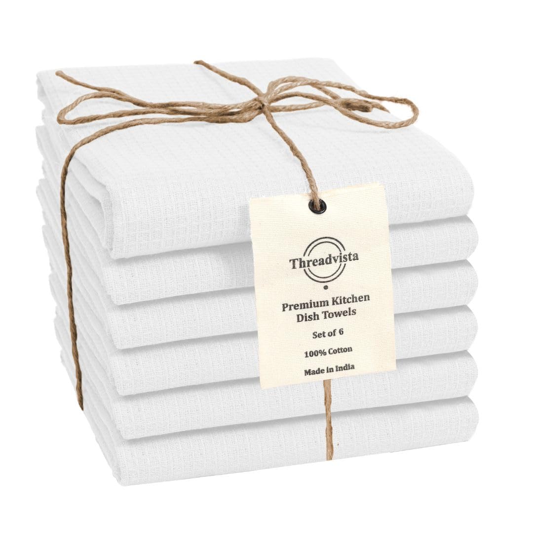 Threadvista 100% Cotton Waffle Kitchen Towels Set of 6 - Soft Highly Absorbent Durable - Perfect for Drying Cleaning Everyday Kitchen Use - Quick