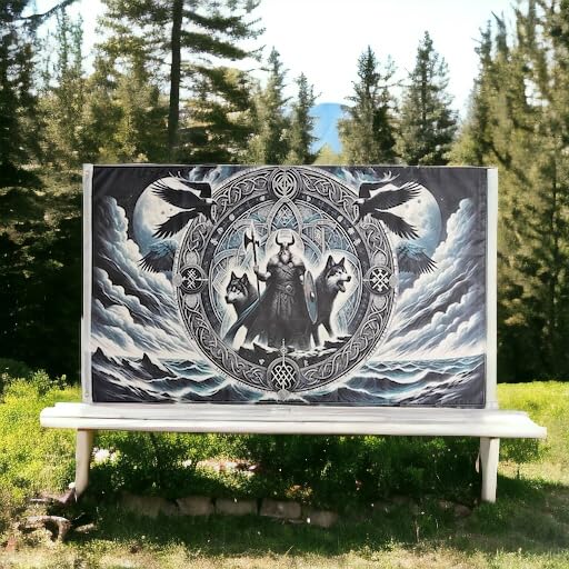 Pandiui23 Decorative House Flag for Yard Norse Viking Runes Print Two Wolves Welcome Yard Flag Hanging Lawn Decoration 3x5ft 90x150cm - Image 2