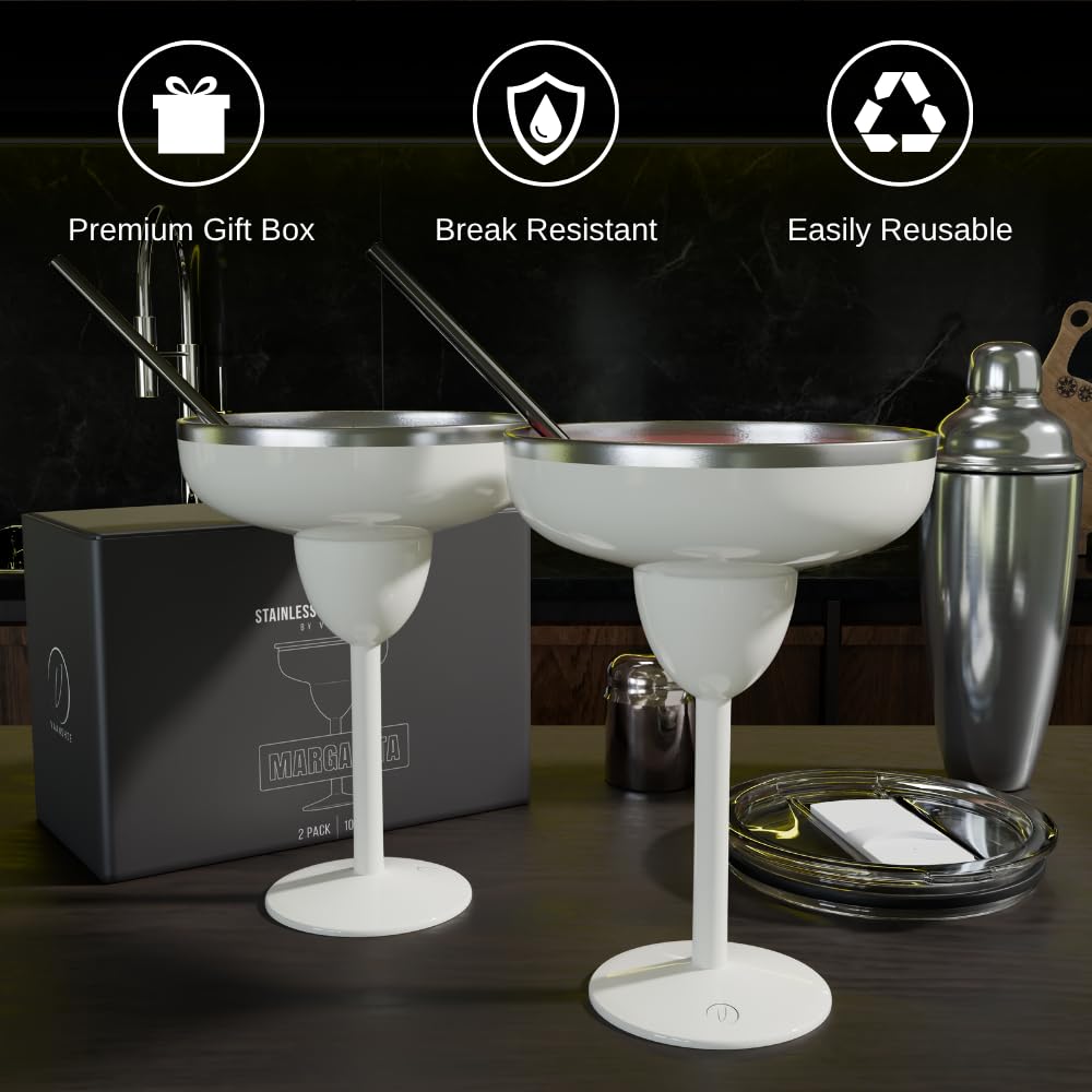 Isolierte Margarita-Gläser aus Edelstahl mit Deckel, bruchfest, vakuumversiegelt, Margarita-Becher, ideal für Muttertagsgeschenk (Creme, 2 Stück)