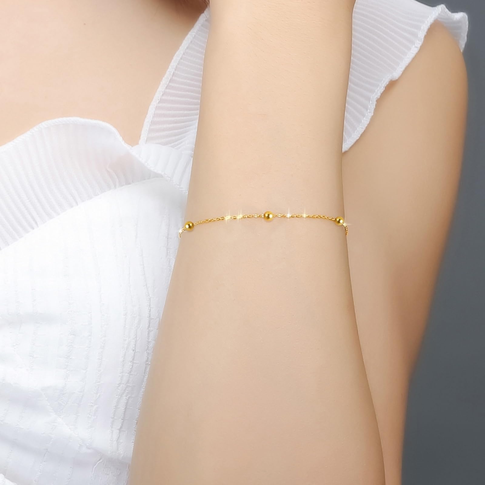 Bracciali Oro Donna 18k/14k/9k, Bracciale a Catena con Perline 16-18 cm Estensione 4 cm, Braccialetti Sposa Fidanzati
