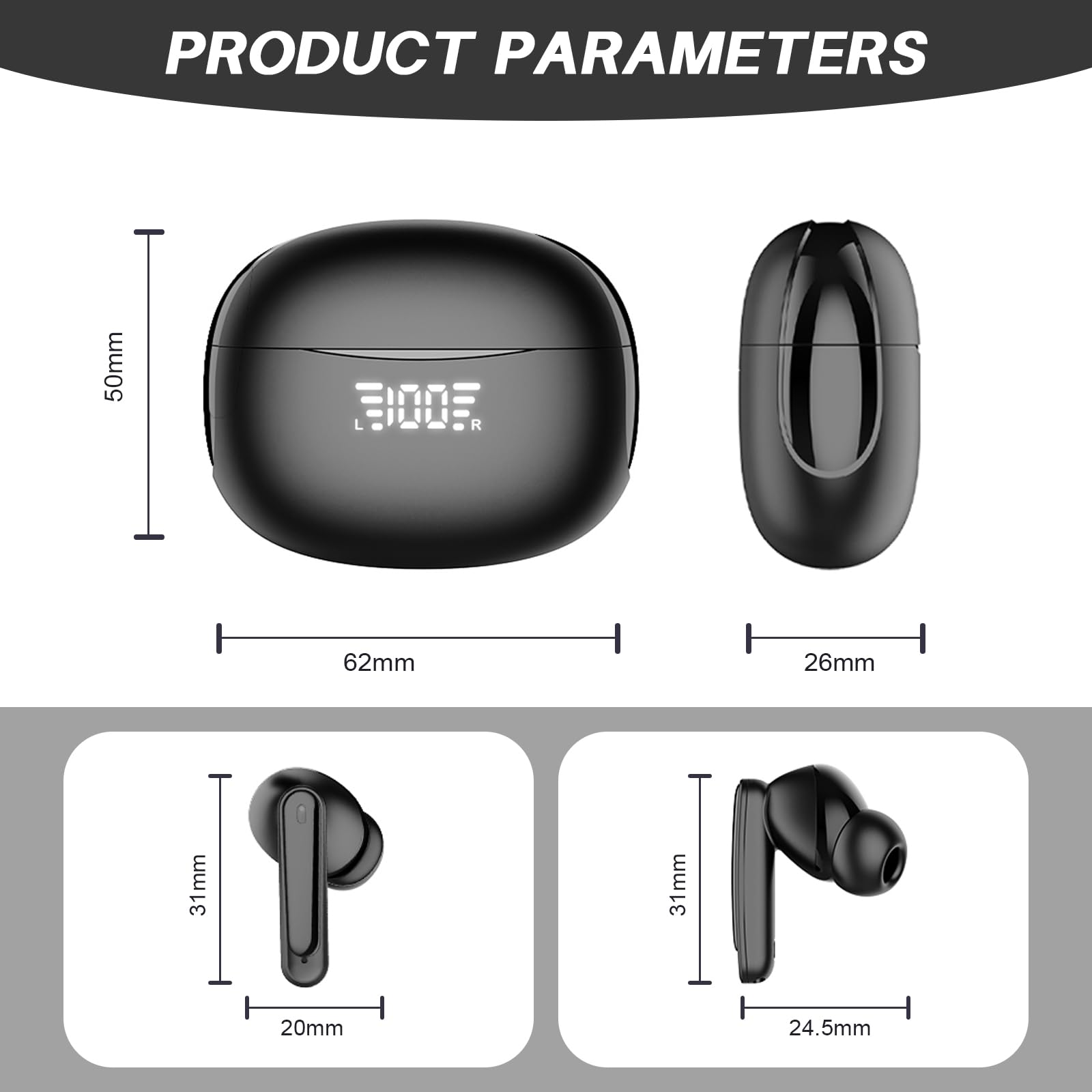 Auricolare Bluetooth Jsdoin, Bluetooth senza fili 5.3 Sport in auricolari, 40 ore di gioco, schermo di visualizzazione LED, auricolare stereo ad alta fedeltà per lavoro e studio