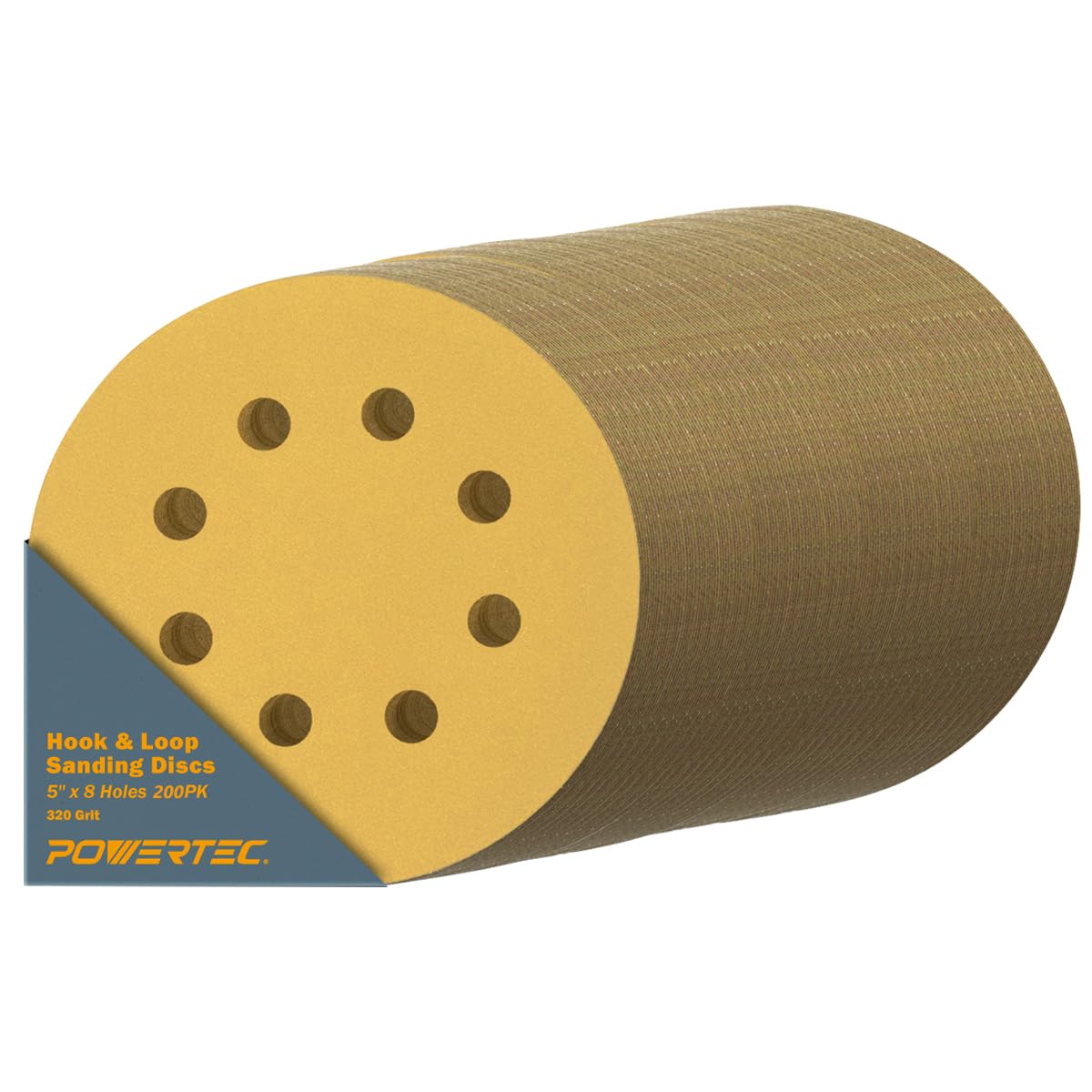 POWERTEC 44032G-50-P4 - Dischi abrasivi in velcro, grana 320, 12,7 cm, 200 pezzi, carta vetrata per levigatrice orbitale Ramdom, smerigliatrice ad aria, levigatrice pneumatica, officina di carrozzeria