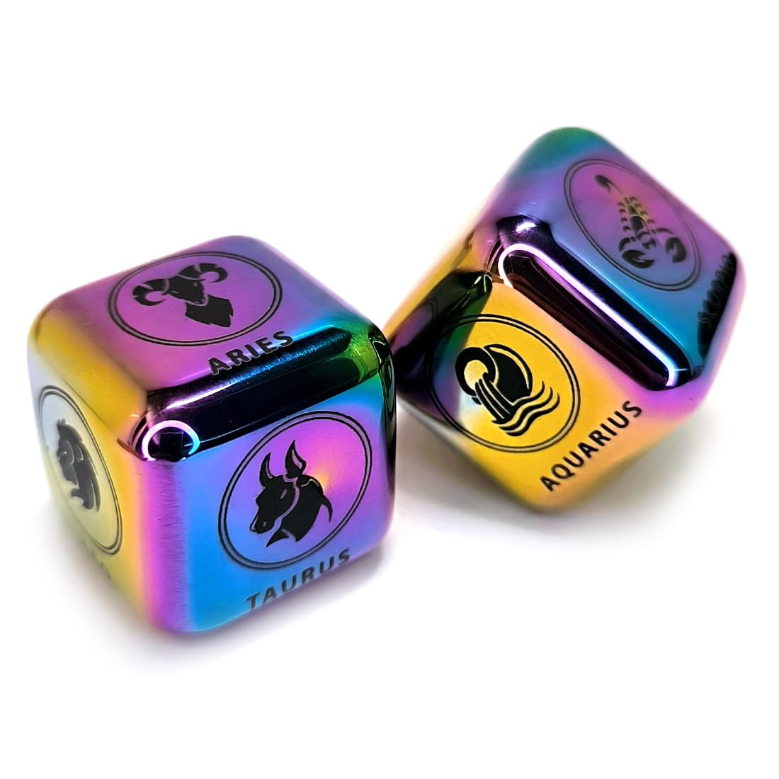 Hometu 2Pcs/Set Metal 12 Constellation Dice Set, Laser Engraved 6-Sided Stainless Steel Big Zodiac Dices for Game Divination Accessory (Modern,