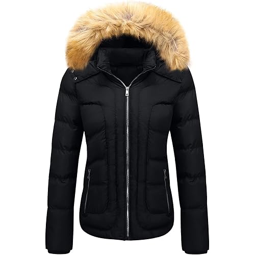 Szory Women's Winter Thicken Coats Warm Short Puffer Jackets with Removable Fur Hood