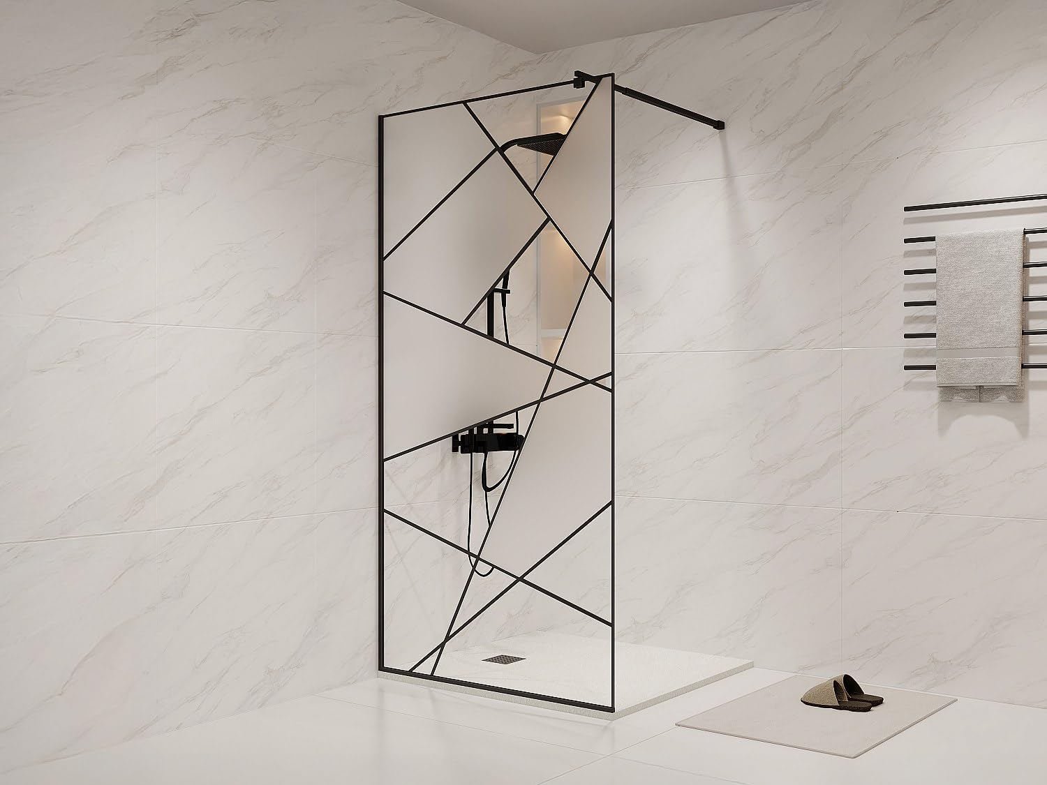 Vente-unique - Paroi de douche à l'italienne sérigraphiée - Noir mat - 100 x 200 cm - TRISEO
