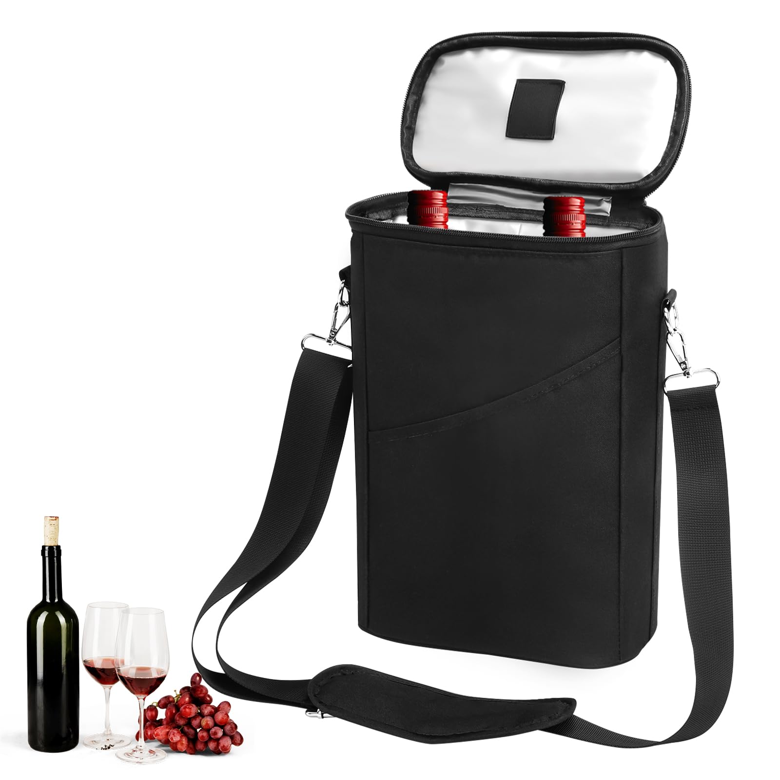 Sac Isotherme pour Bouteilles, Sac à Vin, Pochette de Bouteille avec Bandoulière Réglable, Sacs Isotherme et Étanche pour Voyage, Pique-Nique, Fête, Dégustation de Vin,2 Cabines