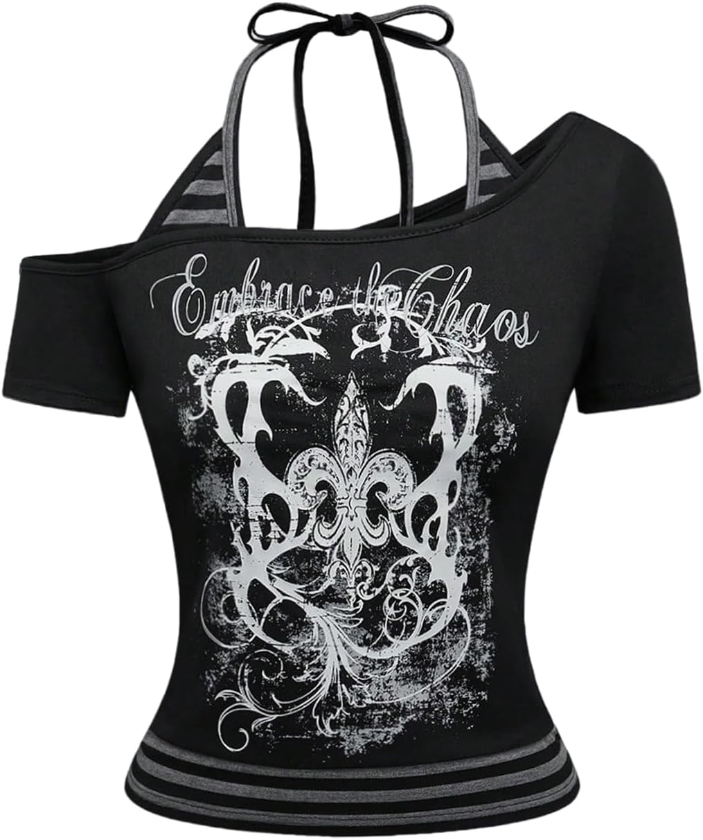 SHENHE Women's Y2k Grunge Punk T Shirt Off Shoulder Short Sleeve Graphic Fitted Gothic Tee Top