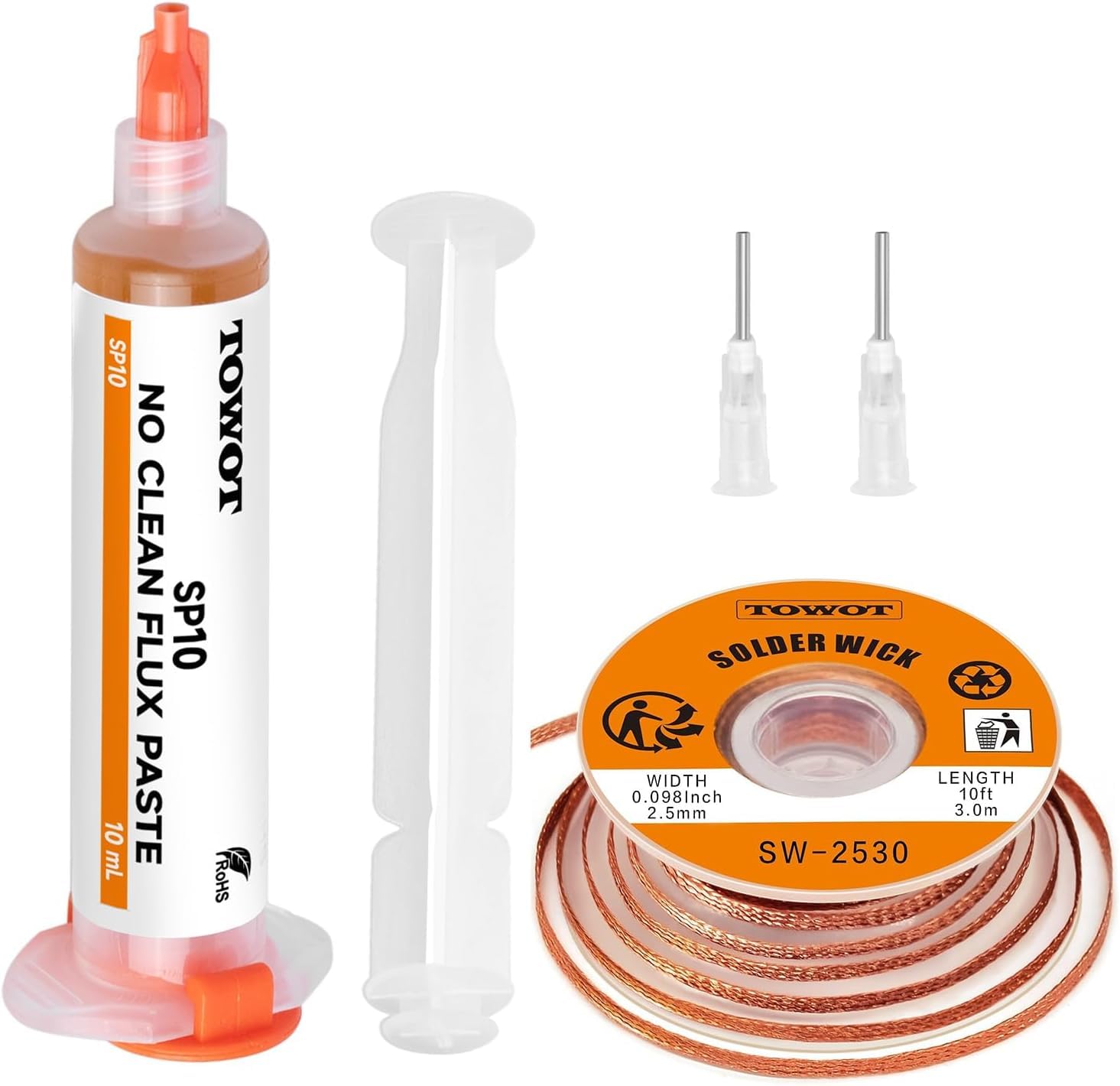 TOWOT 10ft Desoldering Braid & No-Clean Soldering Aid (10cc) - Desoldering Kit for Electronics Repair and PCB Rework