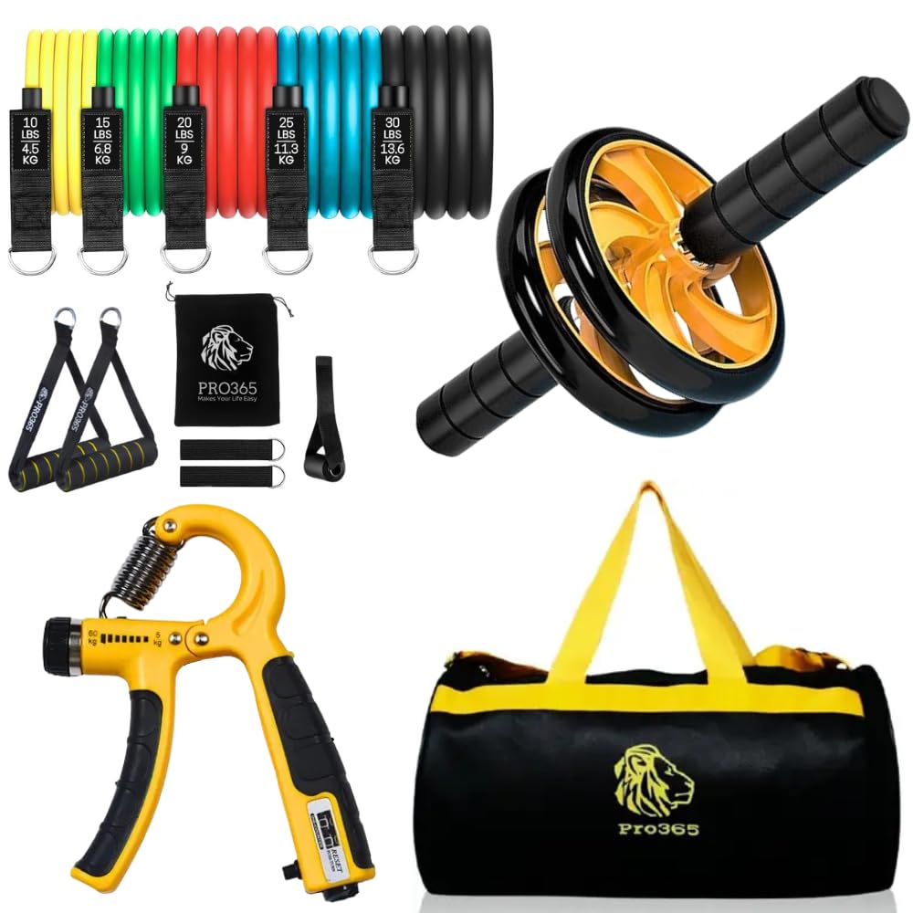 PRO365 Home Gym Fitness Kit with Resistance Bands Set (10–30 lbs), Dual Ab Roller Wheel, Adjustable Hand Gripper & Carry Bag | Full Body Workout Equipment for Strength Training & Core Exercise