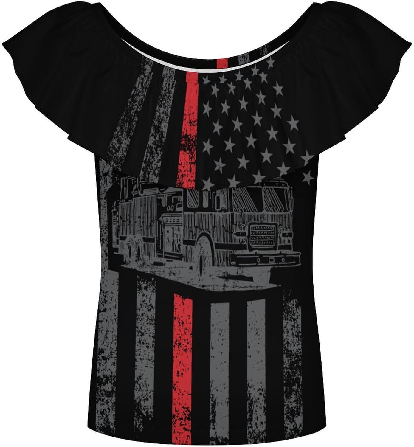 Thin Fire Firefighter Line Flag Girls T-Shirts Top Ruffle Short Sleeve Blouse Casual Graphic Tees