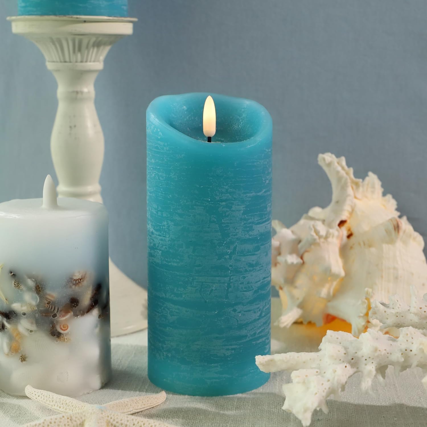 Ocean Blue Flameless Candles 3"×6" Real Wax Pillar Candles Battery Operated with Remote & Timer, 3D Flickering Flame, Unscented Drip-Free LED Turquoise Candle for Coastal Beach Home Bedroom Decor