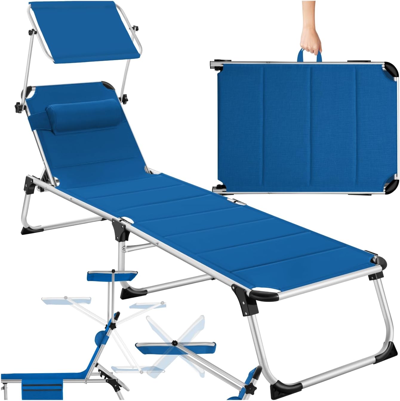 tectake® Sdraio da Mare, Sdraio da Spiaggia Pieghevole con Parasole, Sedia da Giardino, Schienale Regolabile 6 Posizioni, Telaio in alluminio, Cuscino Poggiatesta Removibile e Tasca Laterale - Blu