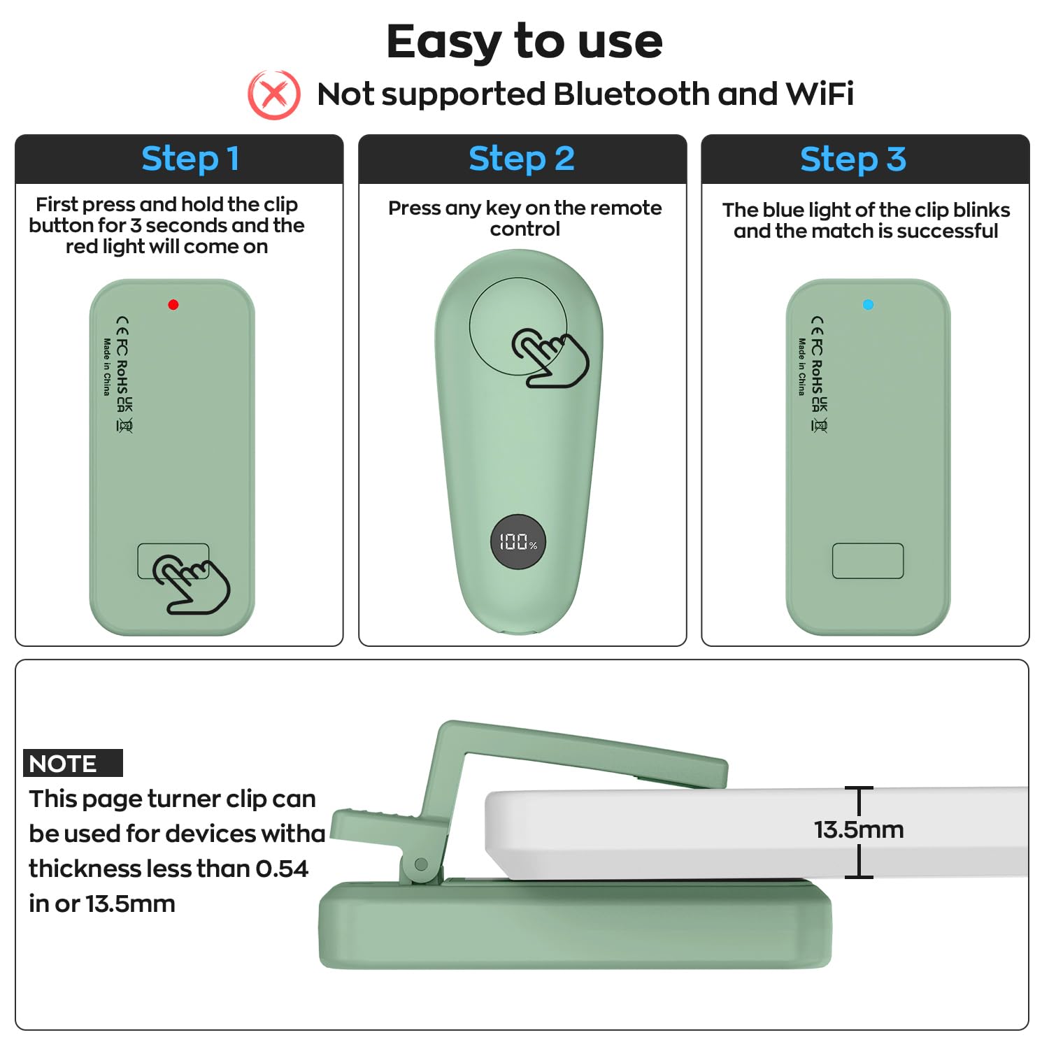 Remote Page Turner for Kindle Paperwhite Scribe Accessories | Seitenwender Clicker für iPad, Tablets, zum Lesen von Romanen, Telefonkamera, Videoaufnahmen, Fernbedienung, Grün