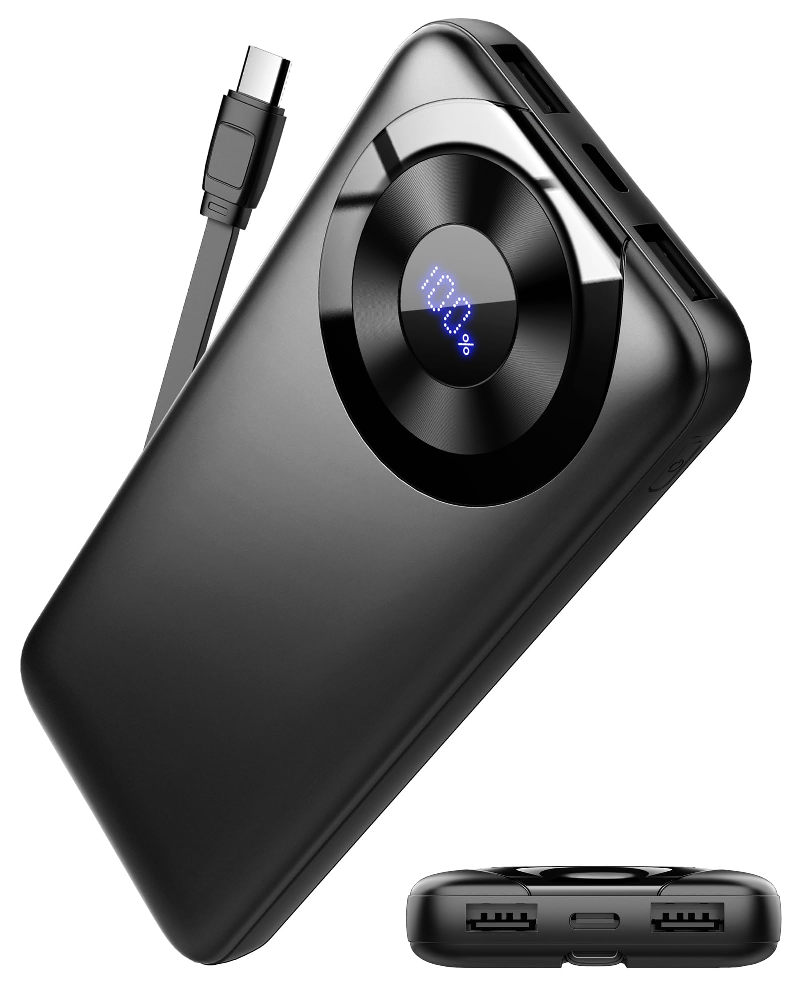 Power Bank 10000mAh, Powerbank 3A Ricarica Rapida USB C Ingressi e Uscite, Potente e Sottile Caricatore Portatile con Cavi Integrati, Caricabatterie Portatile per iPhone Samsung Cellulare Tablet ecc