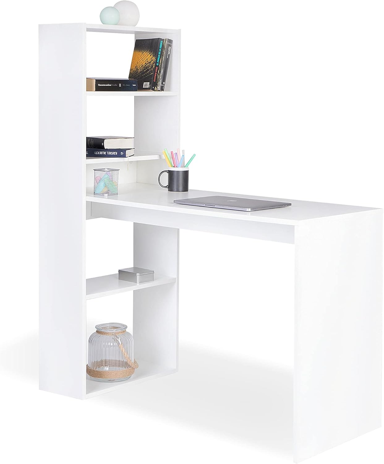 duehome Escritorio Juvenil con Estanteria Reversible, Mesa de Ordenador, Modelo Qanik, Acabado en Blanco, Medidas: 122,5 cm (Largo) x 49,5 cm (Ancho) x 140 cm (Alto)