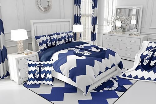 Miniatura 4 de Funda de edredón náutica para niños, juego de ropa de cama de 3 piezas de línea ondulada azul marino para niños y niñas adultos, funda de edredón