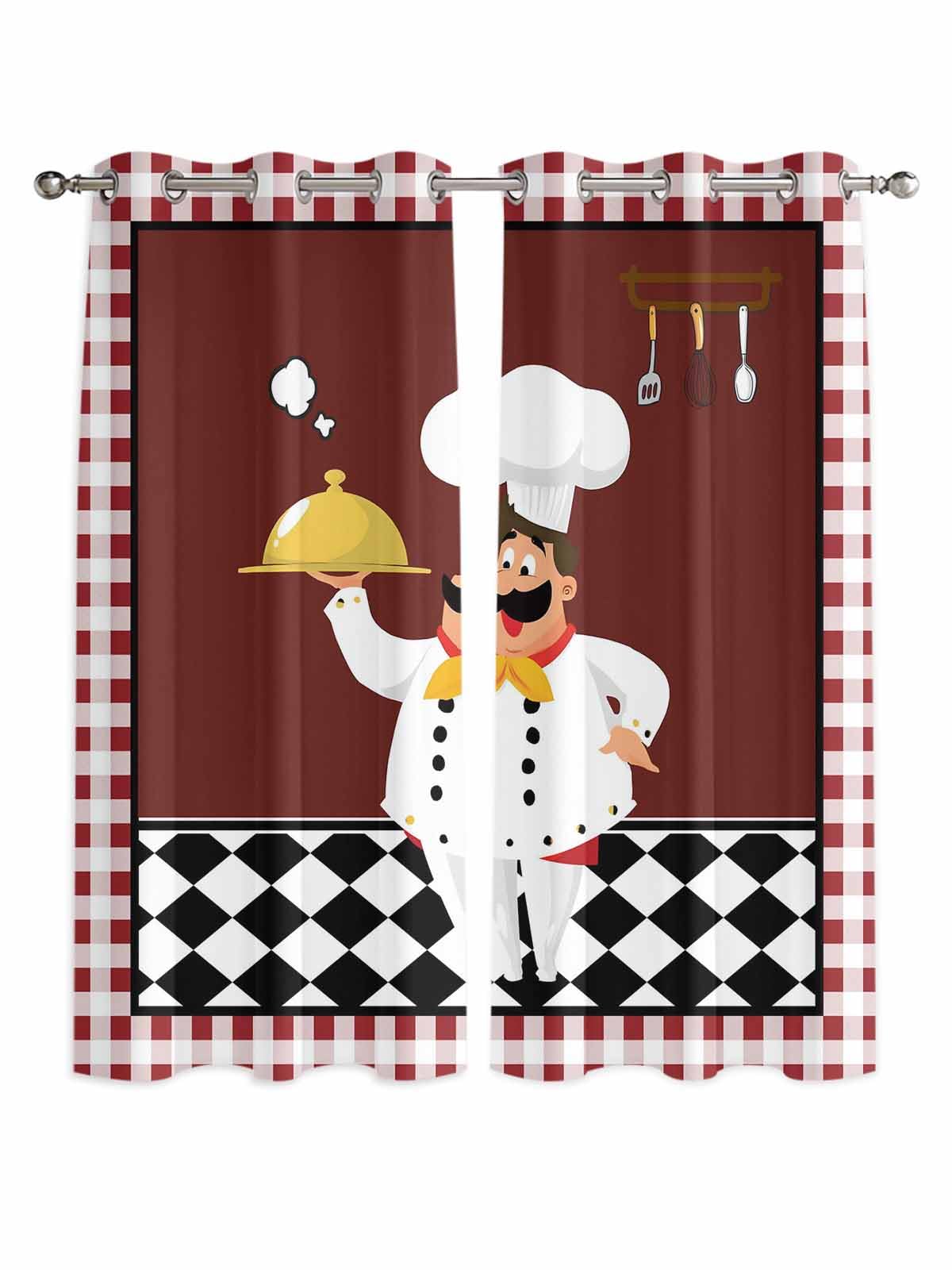Kitchen Chef with Gourmet 2 Piece Window Curtain for Bedroom Living Room 84 Inch Long, Red Checkered White Lace Privacy Protection Drapes with Grommet Top (80" W x 84" L)