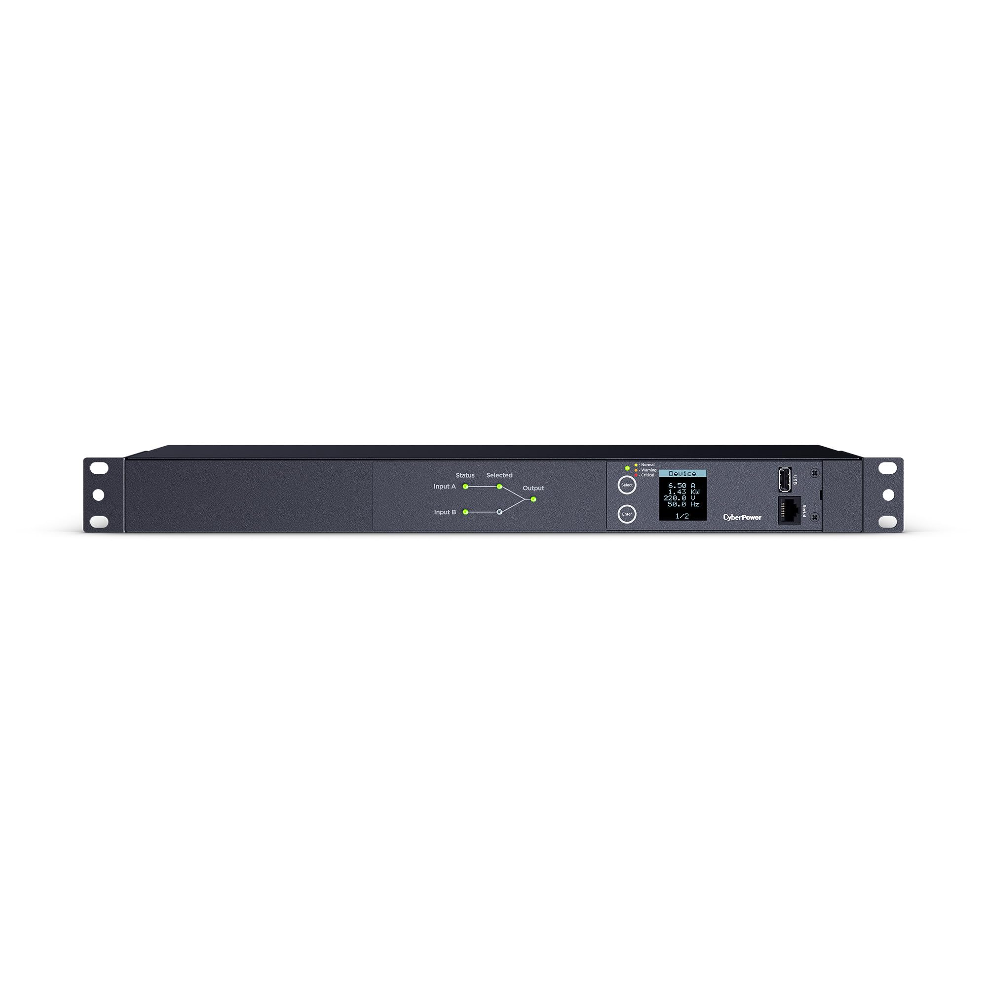 CyberPower PDU24005 Metered ATS PDU, 200-240V, 20A (Derated to 16A), 10 Outlets, 1U Rackmount