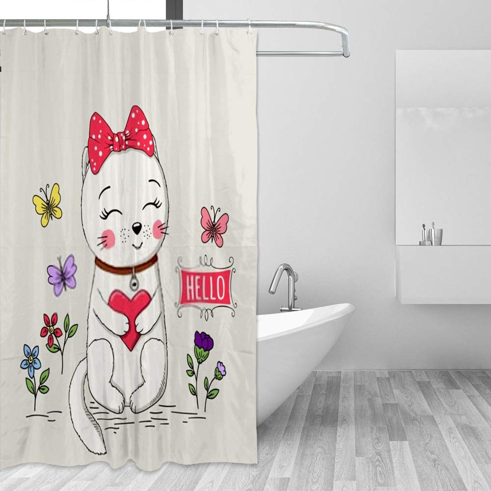 Rideau de douche imperméable motif chat mignon fleurs et papillons 168x183 cm