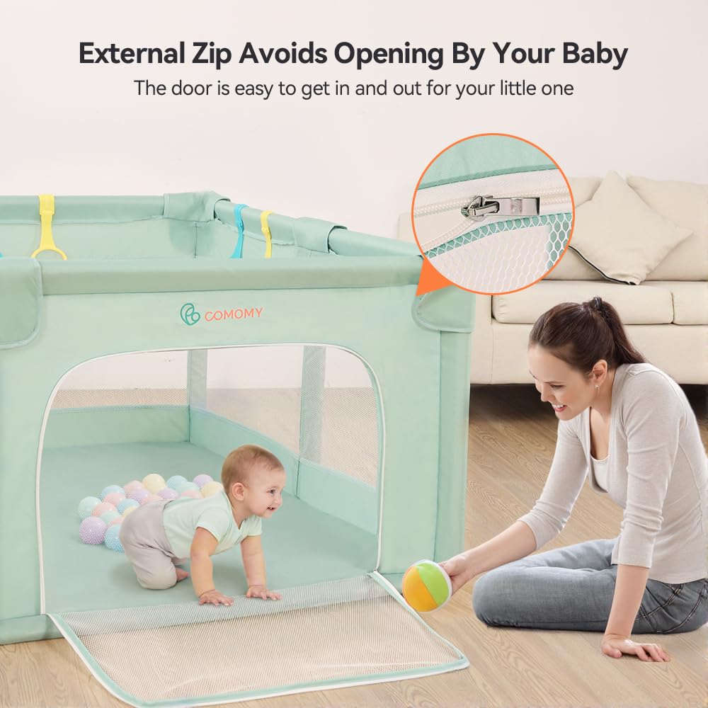 COMOMY Parque Infantil Bebe, 188 x 127 x 66 cm Corralito Bebe con 4 Anillas, Corral Bebe con Malla Suave y Transpirable, Centro de Actividades para Niños, Verde