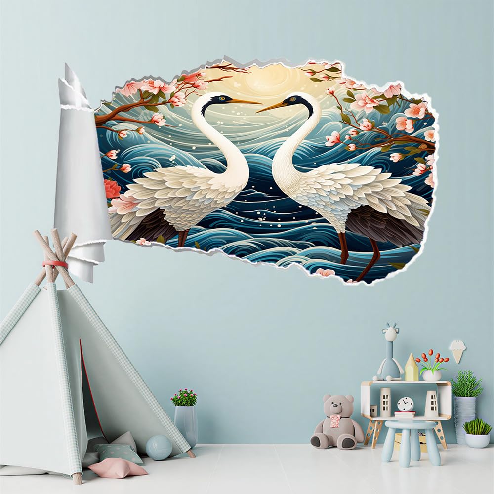 3D Durchbruch Wandtattoo Mädchen Kinderzimmer Kran Wandaufkleber Dekorative Blaue Wellen Wandsticker für Junge Teenager Zimmer Wohnzimmer Schlafzimmer Wandbilder Deko