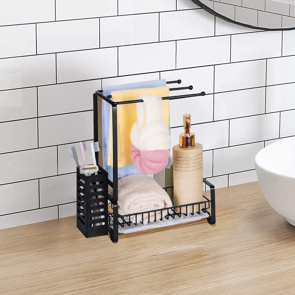 COVAODQ Contenitore Da Cucina In Acciaio Inox Per Lavello, Porta Spugna Con Vassoio Scolatoio Rimovibile, Nero - 4