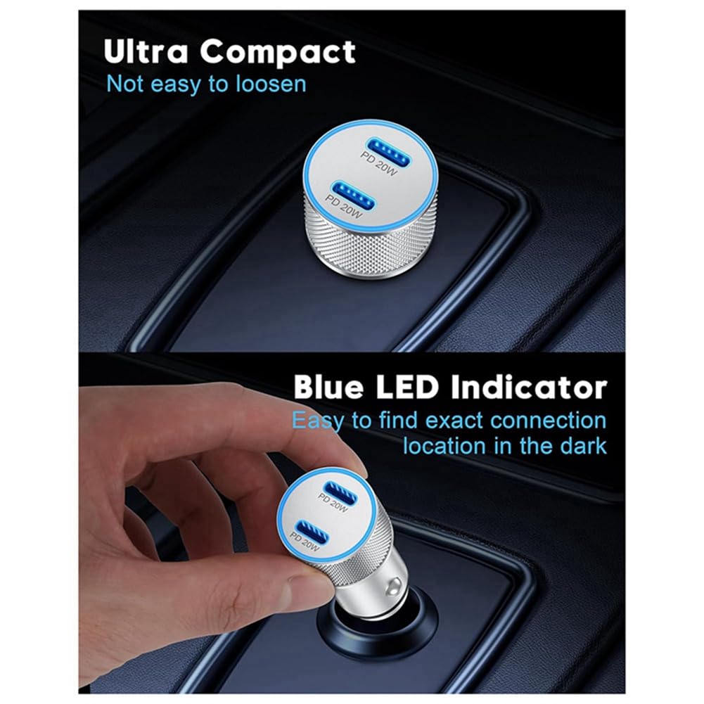 Chargeur Voiture Double Port USB-C 40 W - Alliage Aluminium, Avec Câble 3 Pieds, Charge Rapide, Protection Sécurité