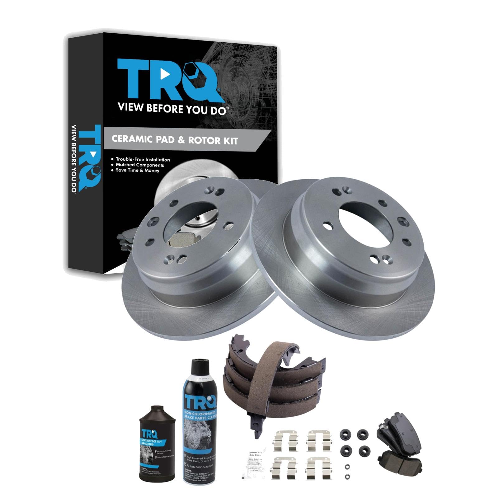 TRQ Rear Brake Pad &amp; Rotor Kit with Chemical Kit Parking Brake Shoe Set