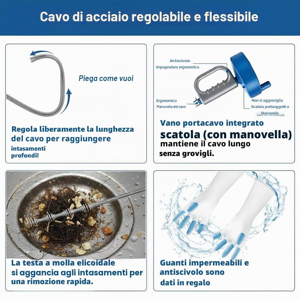 Spirale per la pulizia dei tubi 10M Sonda Sturatubi per Pulizia Guanti inclusi - Sonda Idraulica Stura Lavandini e Scarichi per Amanti del Fai da Te