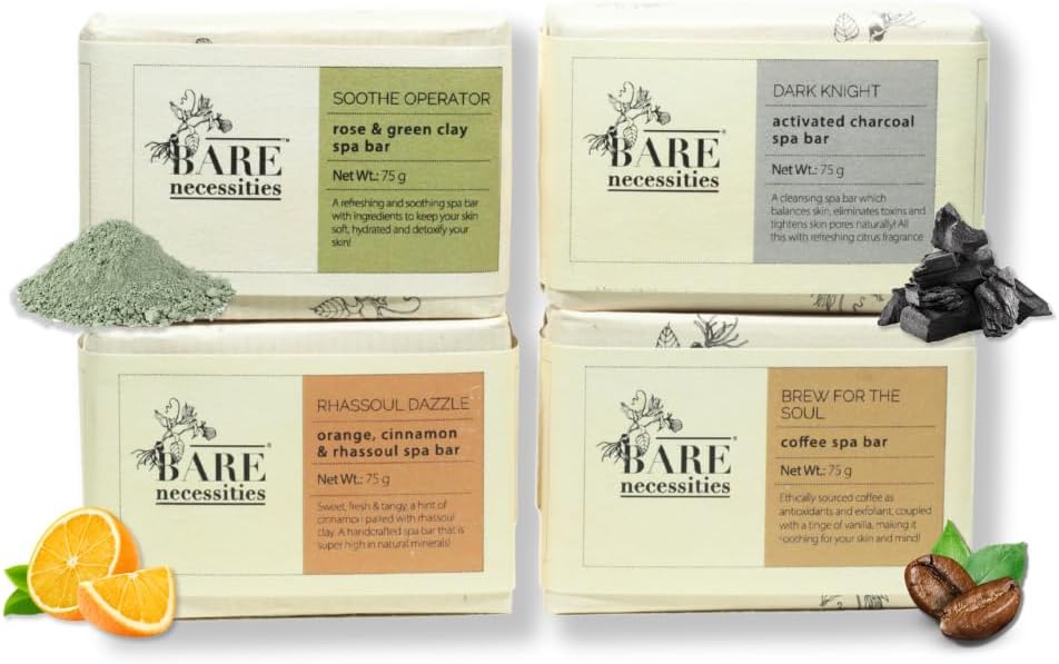 Bare Necessities Natural Handmade Bath Soaps | Pack of 4 | Activated Charcoal, Exfoliating Coffee, Soothing Rose, Cleansing Rhassoul Clay | For men & women | 75g each