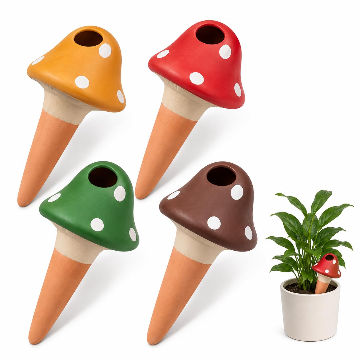 Terracotta Watering Spikes - 4 Mushroom Self Watering Plant Spikes for Pots