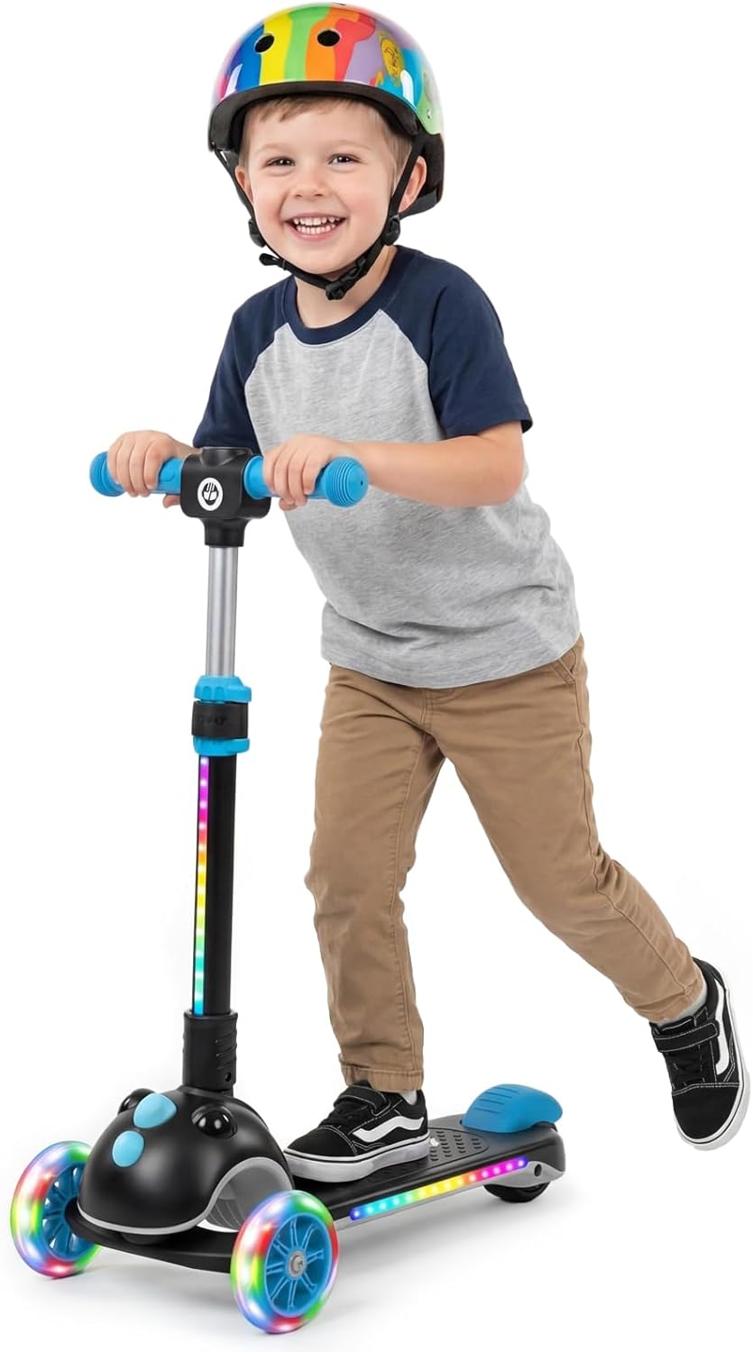 Gotrax SK1 Foldable Electric Scooter for Kids 4+, Full Body LED Light, 90min Riding & 5Mph Speed, Push-Button Throttle&Battery Indicator, 6'' Wheel&3 Adjustable Height, 3 Wheel Escooter, Gift, Black